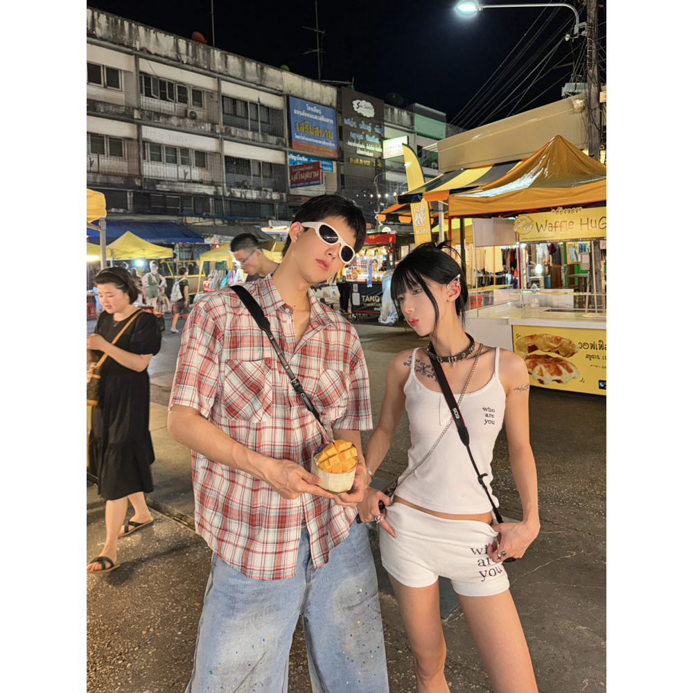 Unisex Brushed Plaid Short Sleeve Shirt - American Style Summer Casual Shirt for Couples, Loose Fit College Trend Unisex Brushed Plaid Short Sleeve Shirt - American Style Summer Casual Shirt for Couples, Loose Fit College Trend