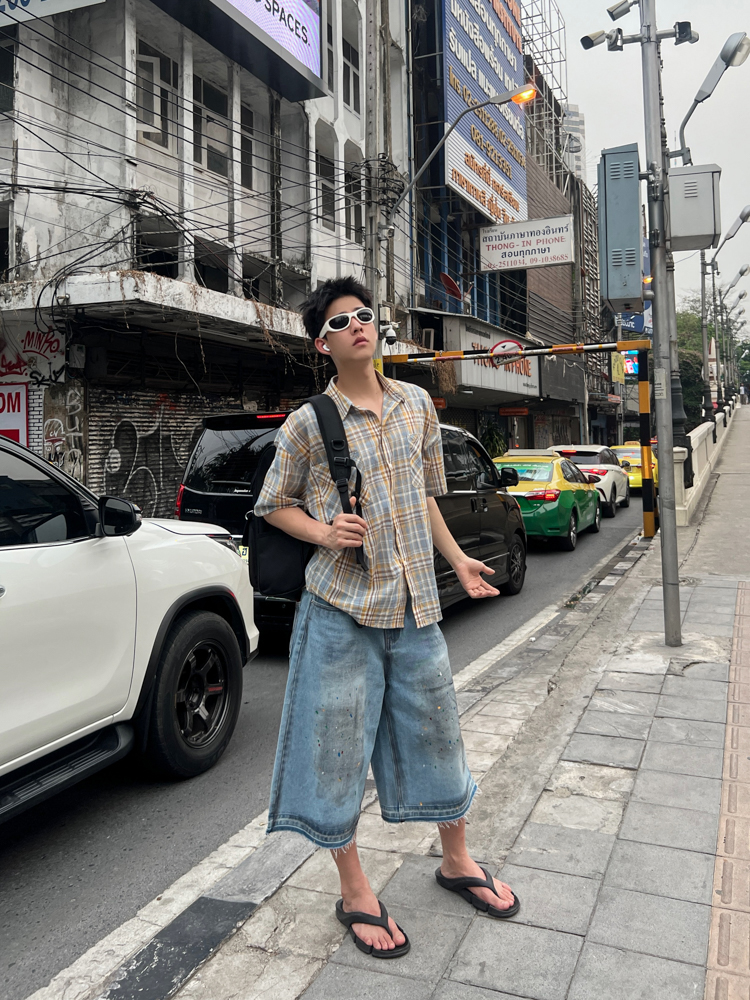 Unisex Brushed Plaid Short Sleeve Shirt - American Style Summer Casual Shirt for Couples, Loose Fit College Trend Unisex Brushed Plaid Short Sleeve Shirt - American Style Summer Casual Shirt for Couples, Loose Fit College Trend