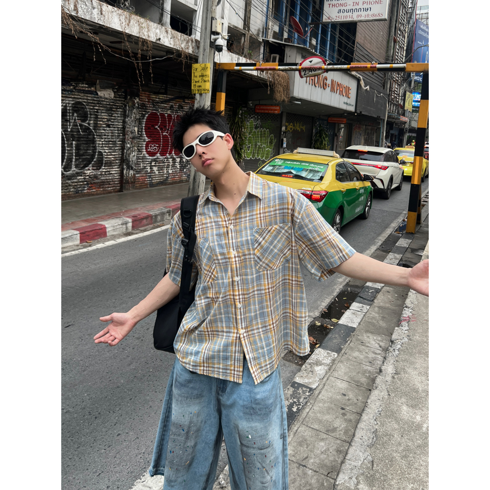 Unisex Brushed Plaid Short Sleeve Shirt - American Style Summer Casual Shirt for Couples, Loose Fit College Trend Unisex Brushed Plaid Short Sleeve Shirt - American Style Summer Casual Shirt for Couples, Loose Fit College Trend