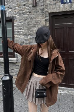 Unisex Caramel Cocoa Suede Motorcycle Jacket with Stand Collar - Vintage Cleanfit Workwear, Trendy Loose Style