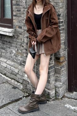 Unisex Caramel Cocoa Suede Motorcycle Jacket with Stand Collar - Vintage Cleanfit Workwear, Trendy Loose Style