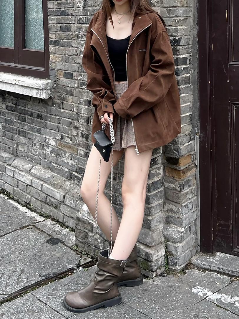 Unisex Caramel Cocoa Suede Motorcycle Jacket with Stand Collar - Vintage Cleanfit Workwear, Trendy Loose Style Unisex Caramel Cocoa Suede Motorcycle Jacket with Stand Collar - Vintage Cleanfit Workwear, Trendy Loose Style