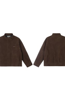 Unisex Caramel Cocoa Suede Motorcycle Jacket with Stand Collar - Vintage Cleanfit Workwear, Trendy Loose Style