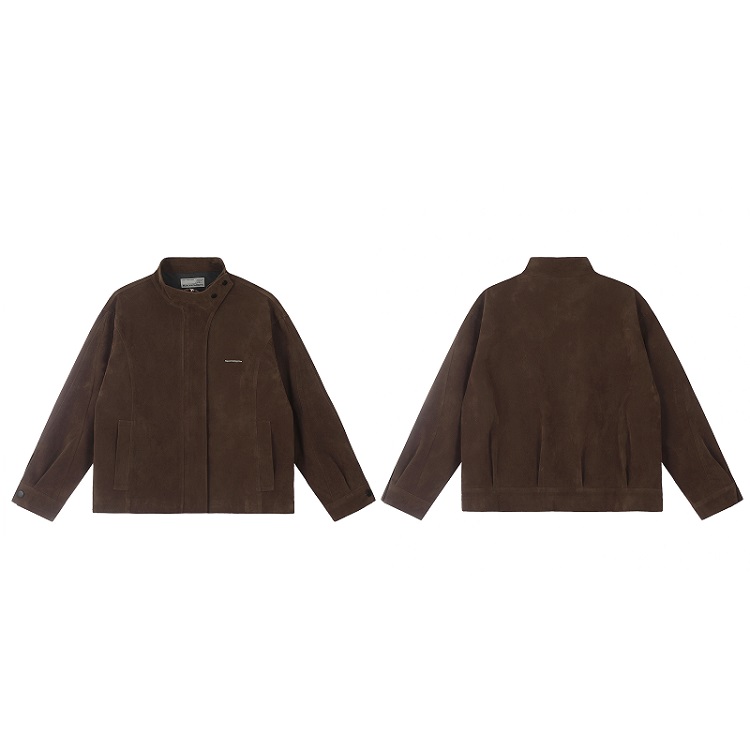 Unisex Caramel Cocoa Suede Motorcycle Jacket with Stand Collar - Vintage Cleanfit Workwear, Trendy Loose Style Unisex Caramel Cocoa Suede Motorcycle Jacket with Stand Collar - Vintage Cleanfit Workwear, Trendy Loose Style