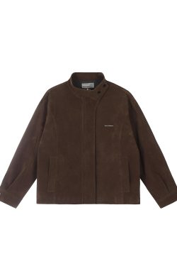 Unisex Caramel Cocoa Suede Motorcycle Jacket with Stand Collar - Vintage Cleanfit Workwear, Trendy Loose Style