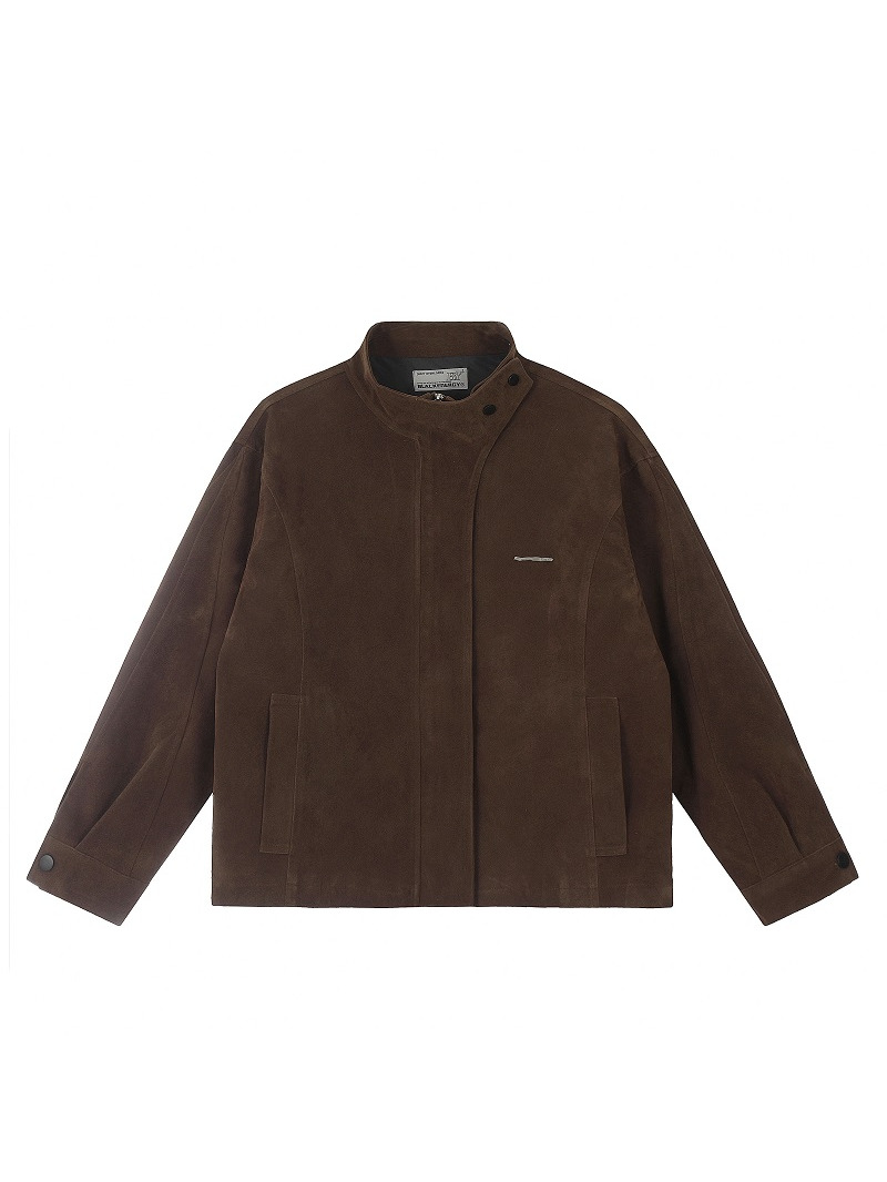 Unisex Caramel Cocoa Suede Motorcycle Jacket with Stand Collar - Vintage Cleanfit Workwear, Trendy Loose Style Unisex Caramel Cocoa Suede Motorcycle Jacket with Stand Collar - Vintage Cleanfit Workwear, Trendy Loose Style