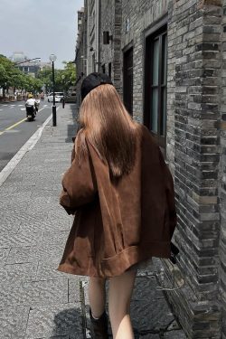 Unisex Caramel Cocoa Suede Motorcycle Jacket with Stand Collar - Vintage Cleanfit Workwear, Trendy Loose Style