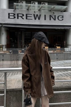 Unisex Caramel Cocoa Suede Motorcycle Jacket with Stand Collar - Vintage Cleanfit Workwear, Trendy Loose Style