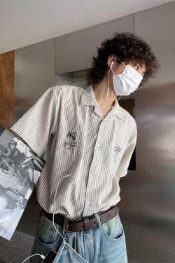 Unisex Cuban Collar Striped Short-Sleeve Shirt with Coconut Tree Embroidery - Retro Hawaiian Style Beach Shirt