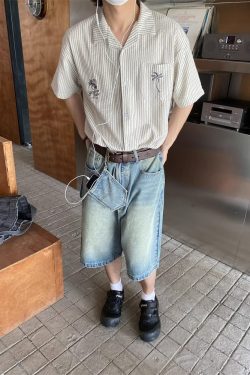 Unisex Cuban Collar Striped Short-Sleeve Shirt with Coconut Tree Embroidery - Retro Hawaiian Style Beach Shirt