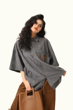 Unisex Deep Gray Short-Sleeve Work Shirt - Loose Fit American Style Summer Couples Top