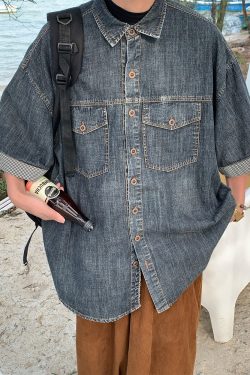 Unisex Distressed Denim Short Sleeve Shirt - Vintage Washed Loose Fit Summer Top for Trendy 90s Y2K Style