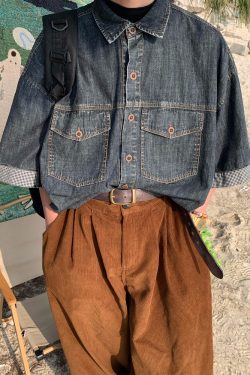 Unisex Distressed Denim Short Sleeve Shirt - Vintage Washed Loose Fit Summer Top for Trendy 90s Y2K Style