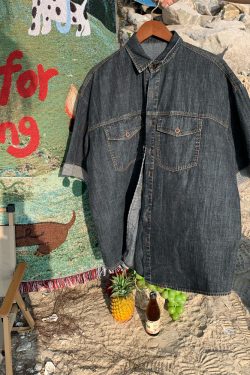 Unisex Distressed Denim Short Sleeve Shirt - Vintage Washed Loose Fit Summer Top for Trendy 90s Y2K Style