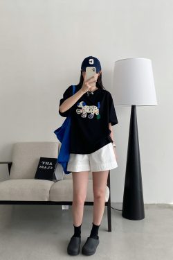 Unisex Dog Embroidered Short Sleeve Cotton T-Shirt - Relaxed Fit Summer Street Style