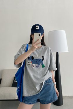 Unisex Dog Embroidered Short Sleeve Cotton T-Shirt - Relaxed Fit Summer Street Style