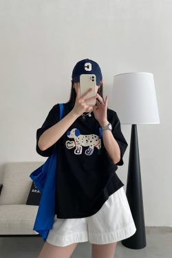 Unisex Dog Embroidered Short Sleeve Cotton T-Shirt - Relaxed Fit Summer Street Style