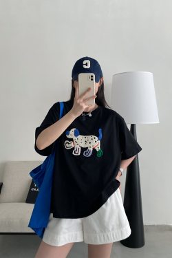 Unisex Dog Embroidered Short Sleeve Cotton T-Shirt - Relaxed Fit Summer Street Style