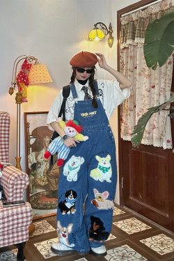 Unisex Handmade Vintage Dog Denim Overalls, Loose BF Style, Cute Japanese Jumpsuit, Trendy 90s Aesthetic