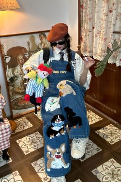 Unisex Handmade Vintage Dog Denim Overalls, Loose BF Style, Cute Japanese Jumpsuit, Trendy 90s Aesthetic