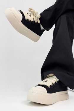 Unisex High Street Thick-Soled Canvas Shoes - Breathable Black & White Platform Sneakers for Height Increase - Versatile Big-Toe Sports Wedges