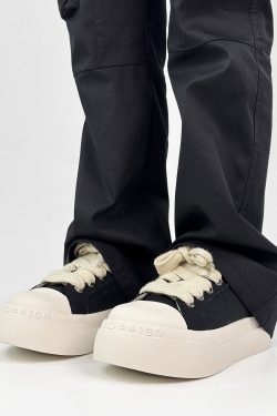 Unisex High Street Thick-Soled Canvas Shoes - Breathable Black & White Platform Sneakers for Height Increase - Versatile Big-Toe Sports Wedges