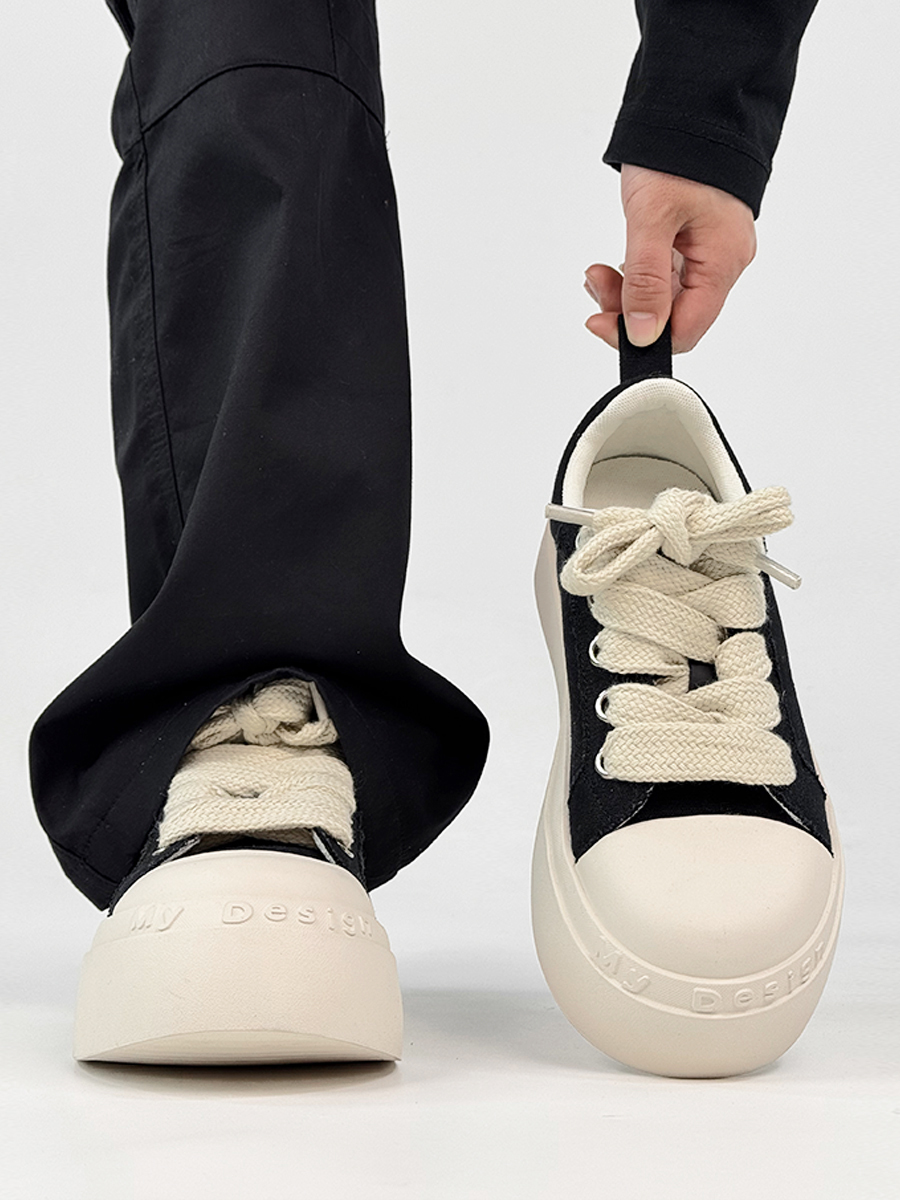 Unisex High Street Thick-Soled Canvas Shoes - Breathable Black & White Platform Sneakers for Height Increase - Versatile Big-Toe Sports Wedges Unisex High Street Thick-Soled Canvas Shoes - Breathable Black & White Platform Sneakers for Height Increase - Versatile Big-Toe Sports Wedges