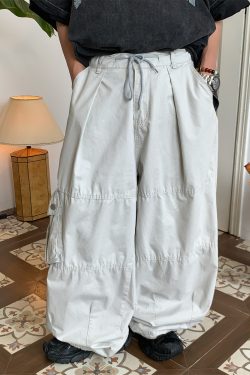 Unisex High Street Vintage Work Pants with Drawstring, Multi-Pocket, Loose Fit Wide-Leg Design - Retro Style for Men and Women