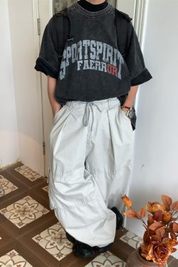 Unisex High Street Vintage Work Pants with Drawstring, Multi-Pocket, Loose Fit Wide-Leg Design - Retro Style for Men and Women
