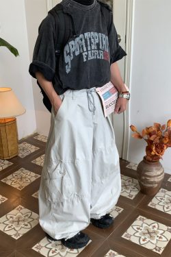 Unisex High Street Vintage Work Pants with Drawstring, Multi-Pocket, Loose Fit Wide-Leg Design - Retro Style for Men and Women