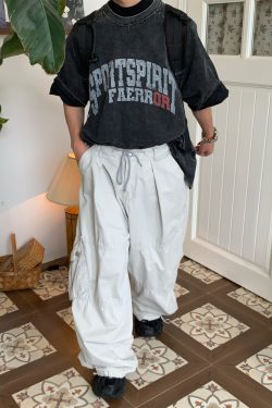 Unisex High Street Vintage Work Pants with Drawstring, Multi-Pocket, Loose Fit Wide-Leg Design - Retro Style for Men and Women