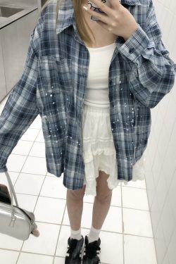 Unisex Long Sleeve Plaid Ink Splash Shirt Jacket - Vintage Loose Fit for Spring & Autumn, Perfect for 90s & Y2K Style