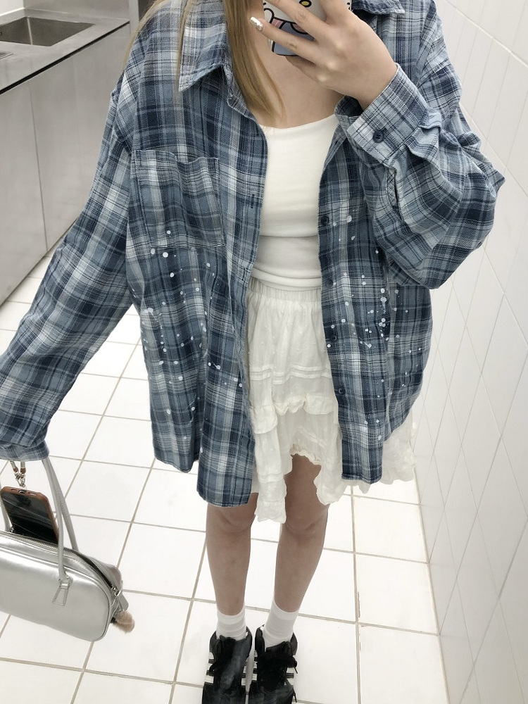 Unisex Long Sleeve Plaid Ink Splash Shirt Jacket - Vintage Loose Fit for Spring & Autumn, Perfect for 90s & Y2K Style Unisex Long Sleeve Plaid Ink Splash Shirt Jacket - Vintage Loose Fit for Spring & Autumn, Perfect for 90s & Y2K Style