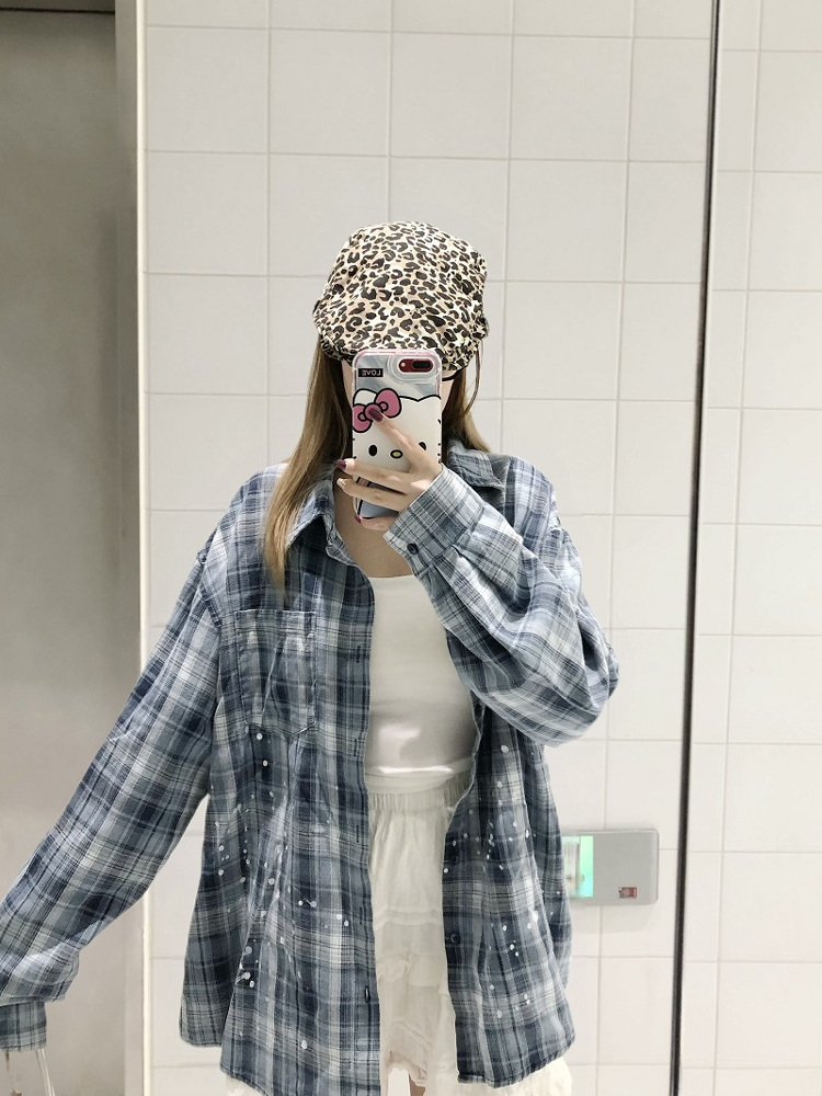 Unisex Long Sleeve Plaid Ink Splash Shirt Jacket - Vintage Loose Fit for Spring & Autumn, Perfect for 90s & Y2K Style Unisex Long Sleeve Plaid Ink Splash Shirt Jacket - Vintage Loose Fit for Spring & Autumn, Perfect for 90s & Y2K Style