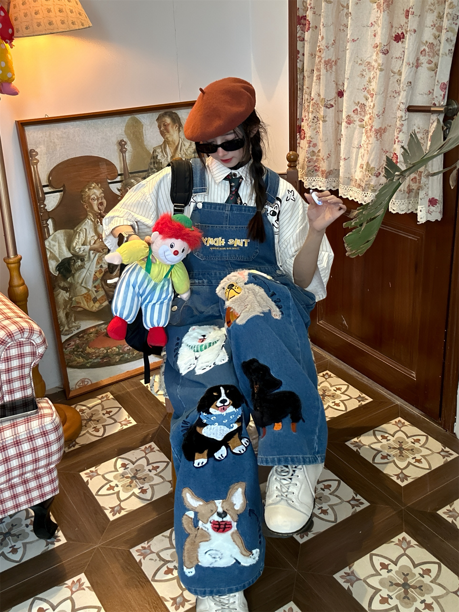 Unisex Loose Fit Denim Overalls with Fun Dog Print - Japanese Style Cute Jumpsuit for Men and Women - Vintage 90s Trend Unisex Loose Fit Denim Overalls with Fun Dog Print - Japanese Style Cute Jumpsuit for Men and Women - Vintage 90s Trend