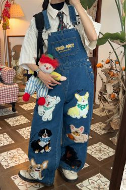 Unisex Loose Fit Denim Overalls with Fun Dog Print - Japanese Style Cute Jumpsuit for Men and Women - Vintage 90s Trend