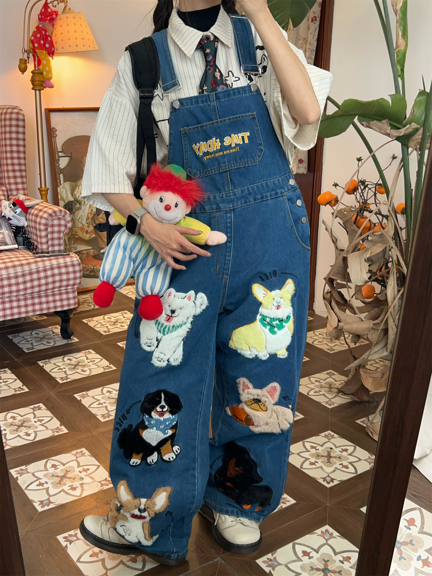 Unisex Loose Fit Denim Overalls with Fun Dog Print - Japanese Style Cute Jumpsuit for Men and Women - Vintage 90s Trend Unisex Loose Fit Denim Overalls with Fun Dog Print - Japanese Style Cute Jumpsuit for Men and Women - Vintage 90s Trend