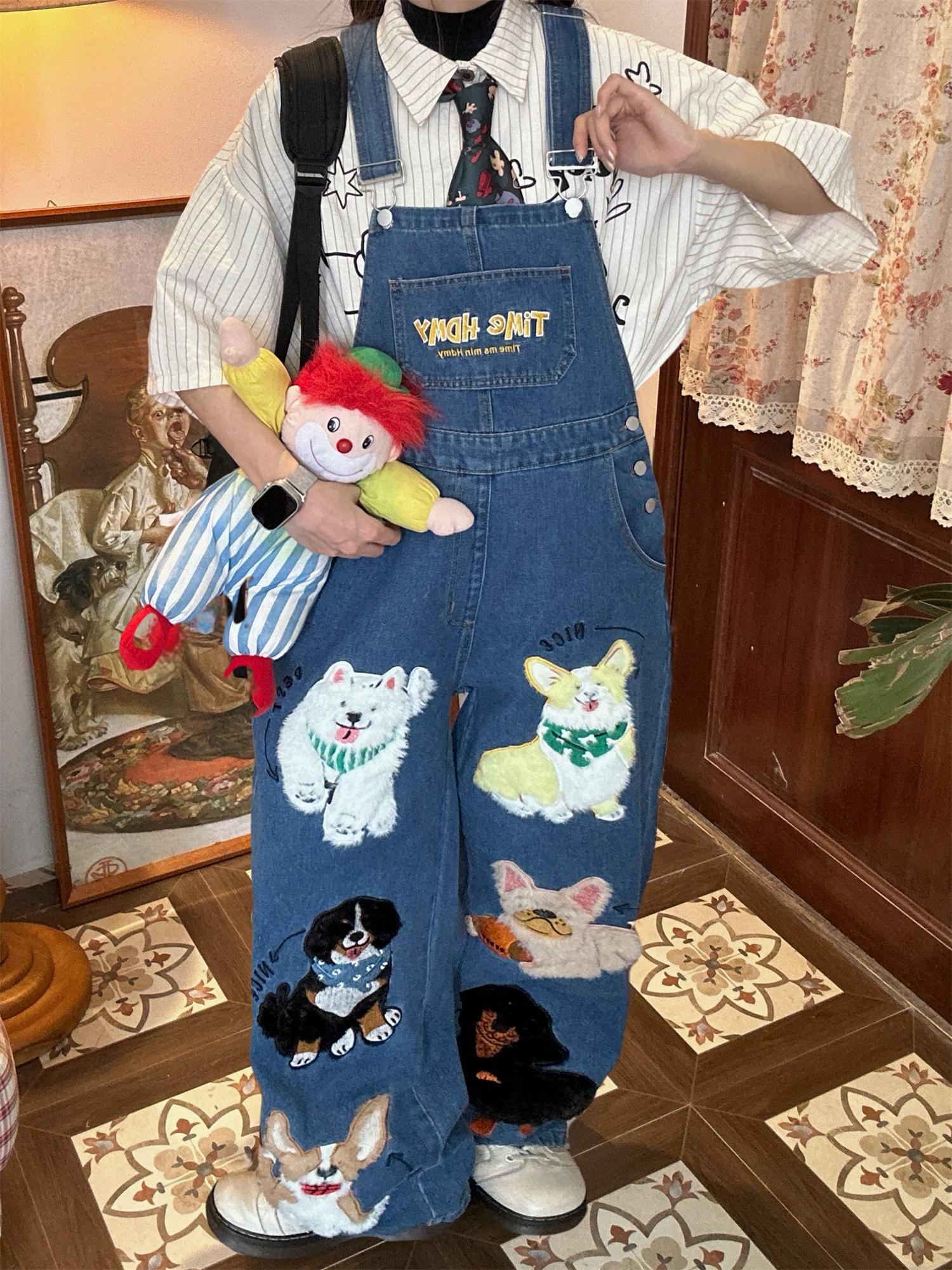 Unisex Loose Fit Denim Overalls with Fun Dog Print - Japanese Style Cute Jumpsuit for Men and Women - Vintage 90s Trend Unisex Loose Fit Denim Overalls with Fun Dog Print - Japanese Style Cute Jumpsuit for Men and Women - Vintage 90s Trend