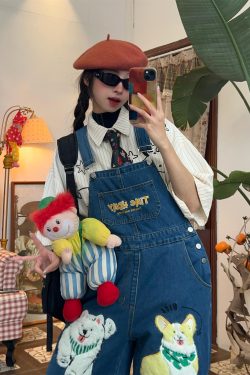 Unisex Loose Fit Denim Overalls with Fun Dog Print - Japanese Style Cute Jumpsuit for Men and Women - Vintage 90s Trend