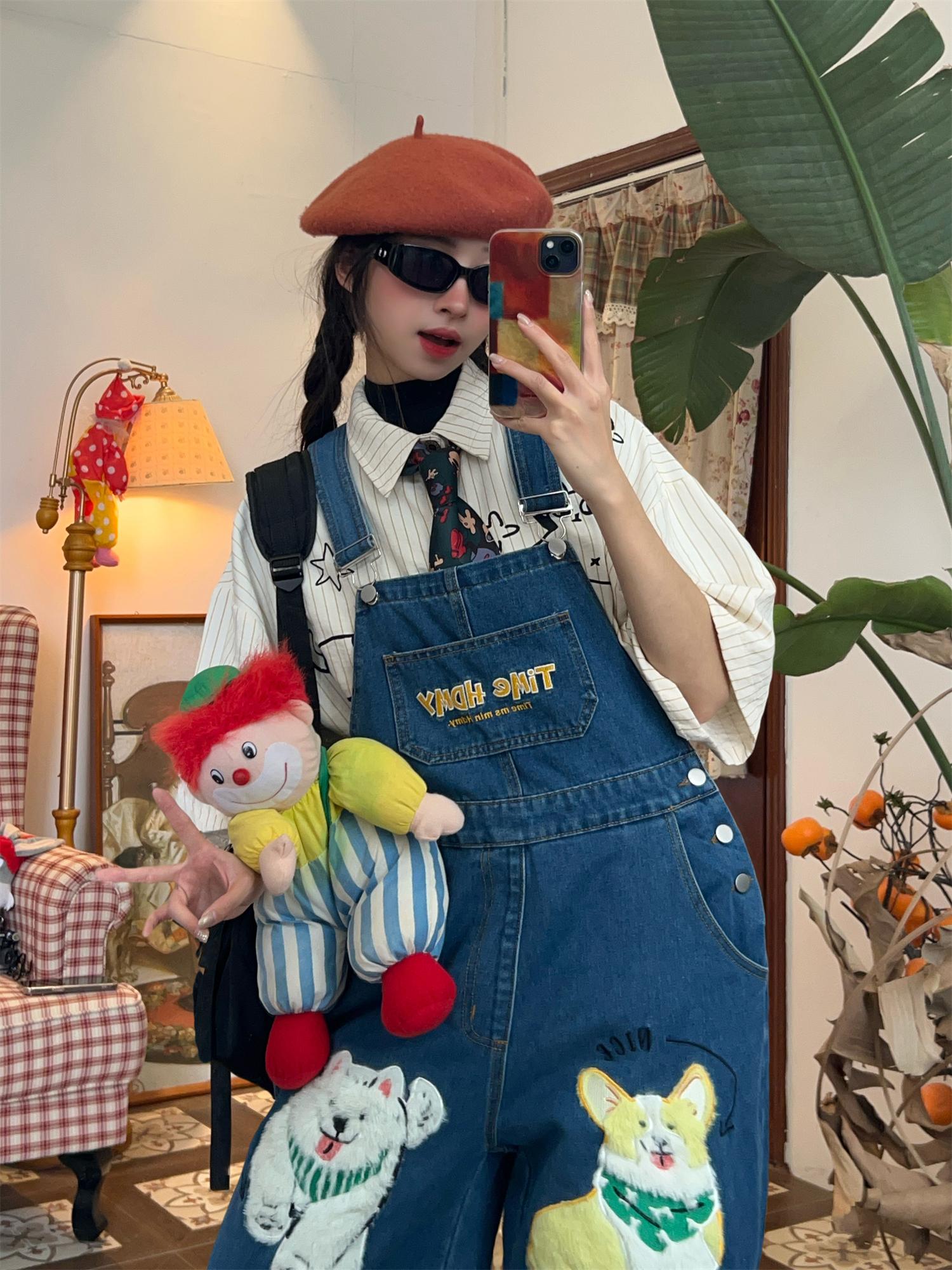 Unisex Loose Fit Denim Overalls with Fun Dog Print - Japanese Style Cute Jumpsuit for Men and Women - Vintage 90s Trend Unisex Loose Fit Denim Overalls with Fun Dog Print - Japanese Style Cute Jumpsuit for Men and Women - Vintage 90s Trend