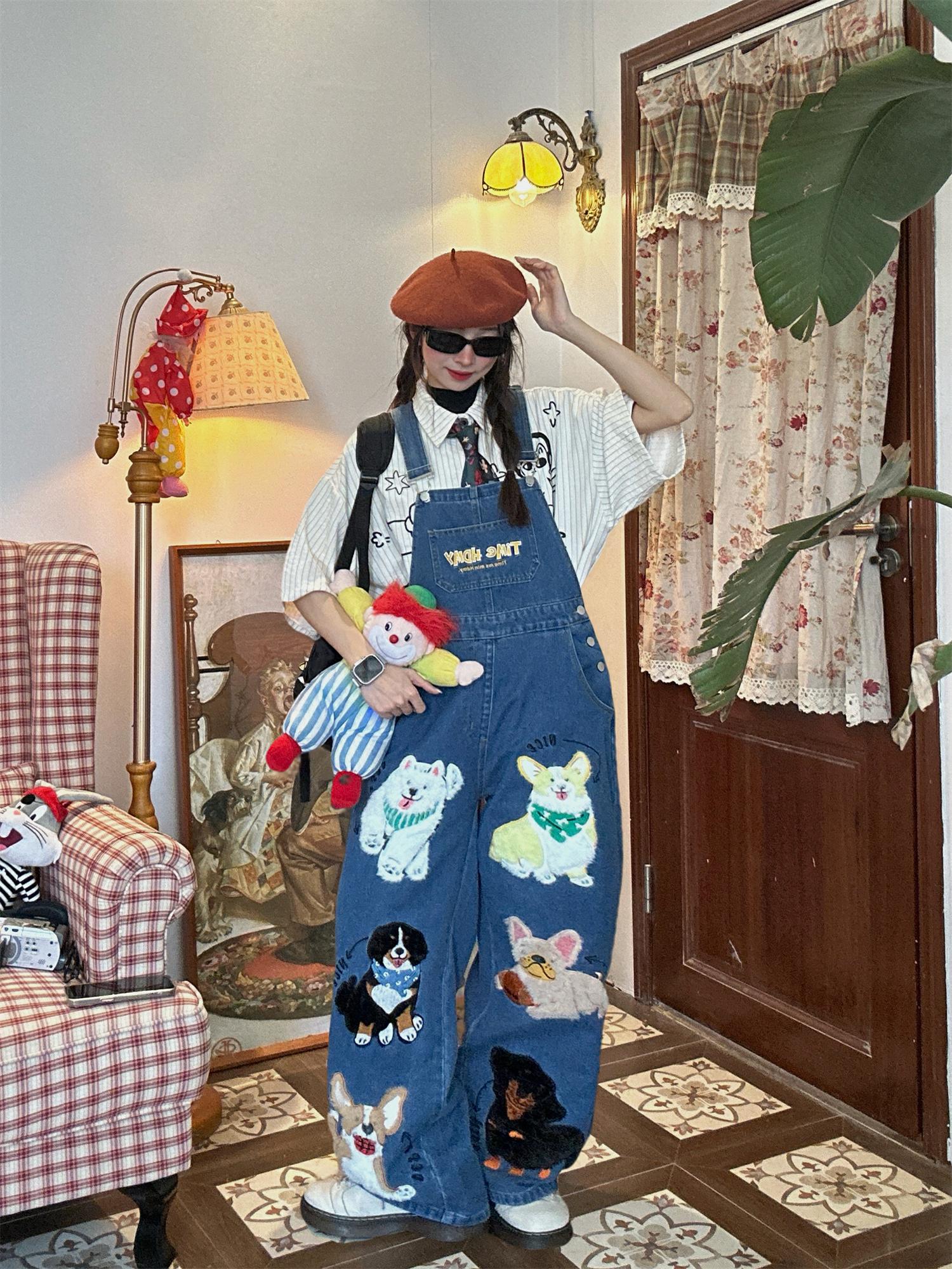 Unisex Loose Fit Denim Overalls with Fun Dog Print - Japanese Style Cute Jumpsuit for Men and Women - Vintage 90s Trend Unisex Loose Fit Denim Overalls with Fun Dog Print - Japanese Style Cute Jumpsuit for Men and Women - Vintage 90s Trend