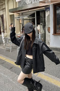 Unisex Oversized Relaxed Fit Black Leather Motorcycle Jacket - Vintage American Style