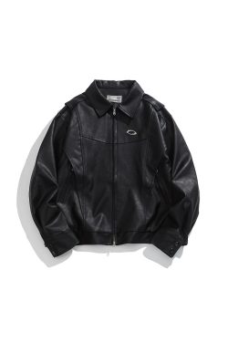 Unisex Oversized Relaxed Fit Black Leather Motorcycle Jacket - Vintage American Style