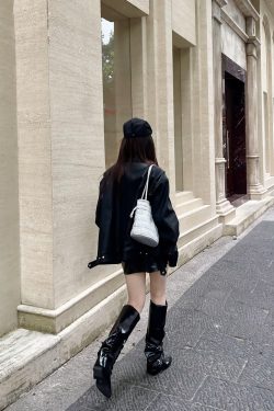 Unisex Oversized Relaxed Fit Black Leather Motorcycle Jacket - Vintage American Style