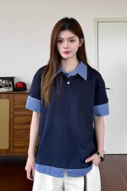 Unisex Plaid Polo Spliced Two-Piece Short Sleeve T-Shirt - Casual Summer Style, American Fashion, Loose Fit