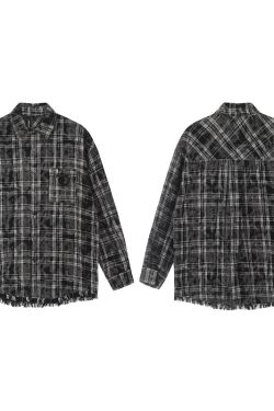 Unisex Retro American Plaid Fringe Long-Sleeve Shirt - Trendy Loose Fit for Couples - Vintage Style 90s Fashion Top