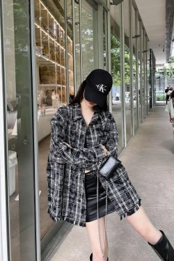 Unisex Retro American Plaid Fringe Long-Sleeve Shirt - Trendy Loose Fit for Couples - Vintage Style 90s Fashion Top