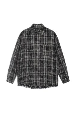 Unisex Retro American Plaid Fringe Long-Sleeve Shirt - Trendy Loose Fit for Couples - Vintage Style 90s Fashion Top