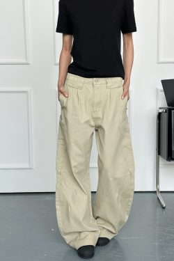 Unisex Retro American Work Pants with Big Pockets and Splicing Design - Casual Curved Knife Style for 90s Inspired Fashion