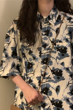 Unisex Retro Floral Polo Collar Shirt - Japanese Style Loose Casual Short Sleeve Top for Summer Fashion